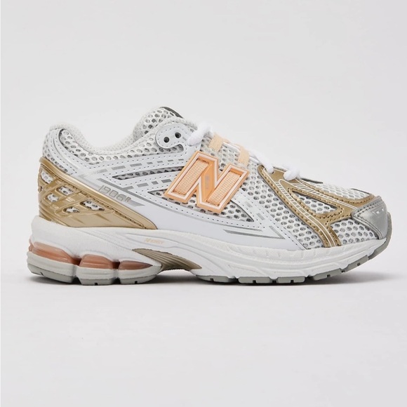 New Balance White, Peach & Silver Mesh Athletic Sneakers - Picture 2 of 6